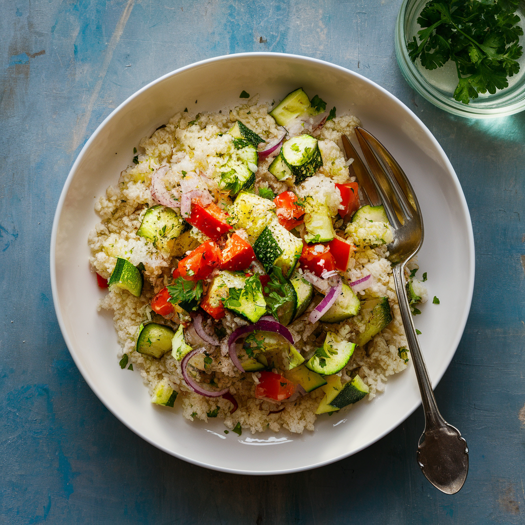 "Arroz" de Couve-Flor com Legumes Assados Sem Glúten