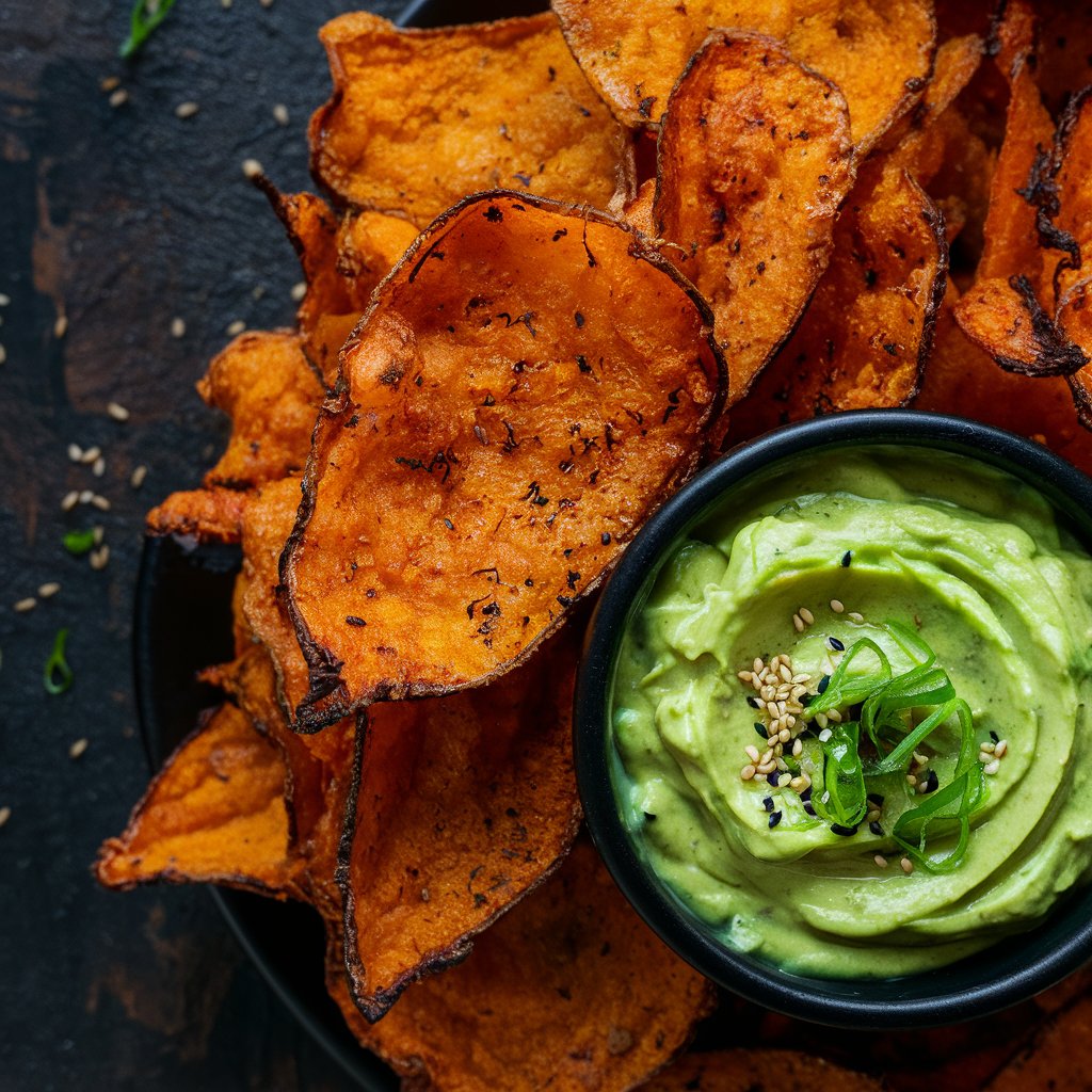 Chips de Batata Doce Assada com Dip de Abacate