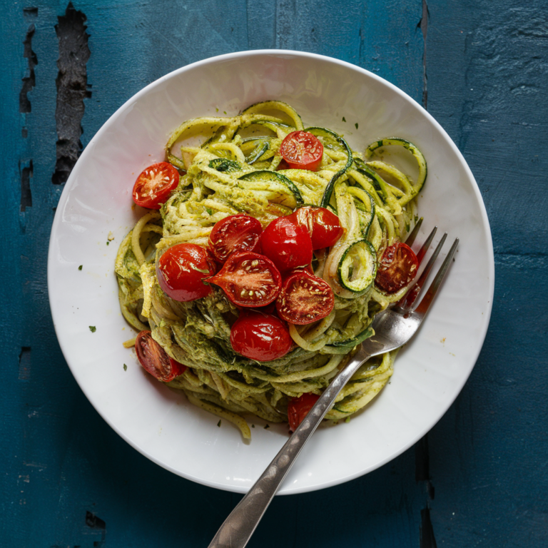 Espaguete de Abobrinha ao Pesto com Tomates Assados – Jantar Low Carb e Delicioso!