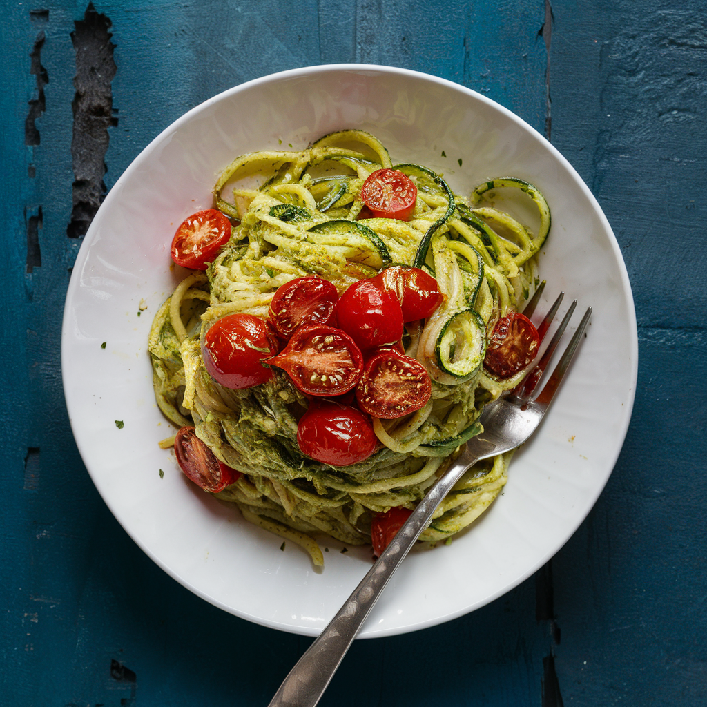 Espaguete de Abobrinha ao Pesto com Tomates Assados