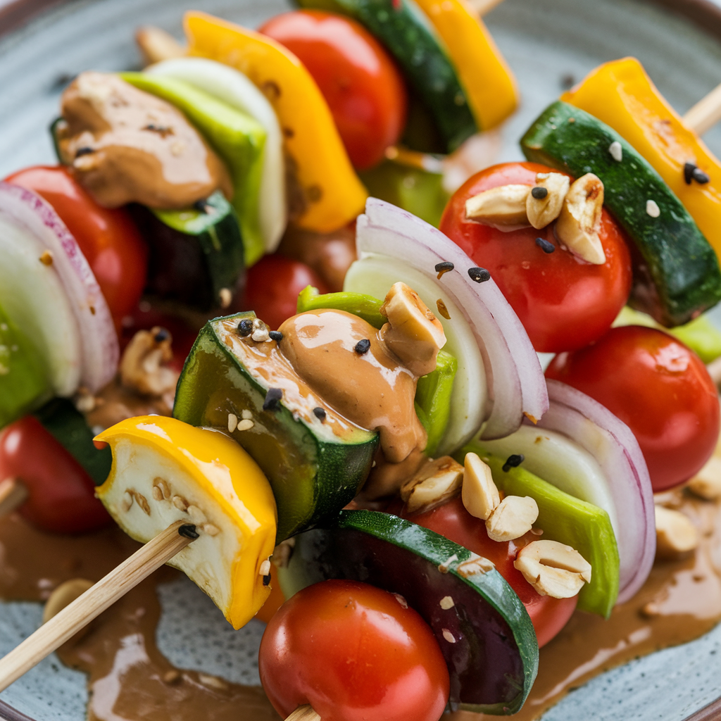 Espetinho de Legumes com Molho de Amendoim