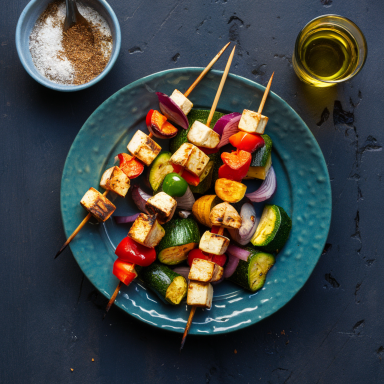 Espetinhos de Tofu Marinado com Legumes Grelhados – Perfeitos para um Almoço Leve e Saboroso!