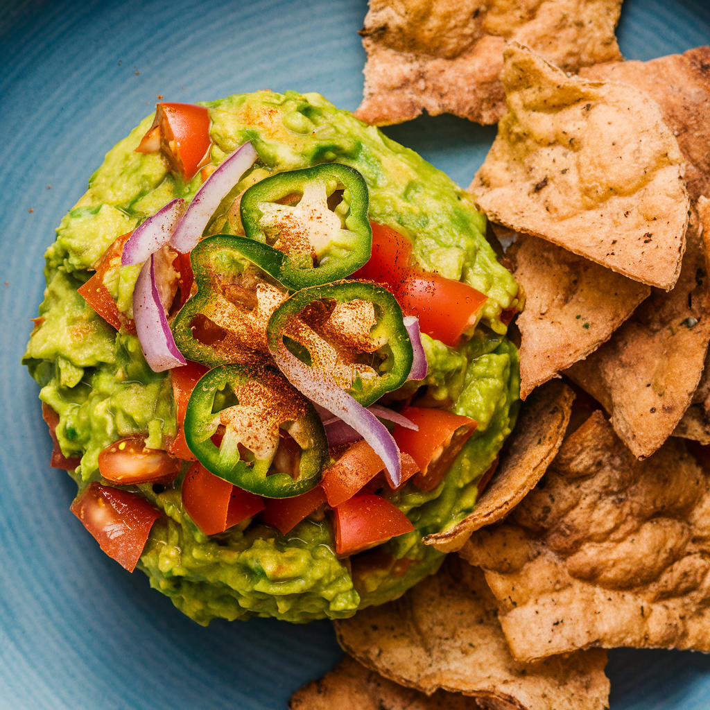 Guacamole Picante com Chips de Pão Pita Integral