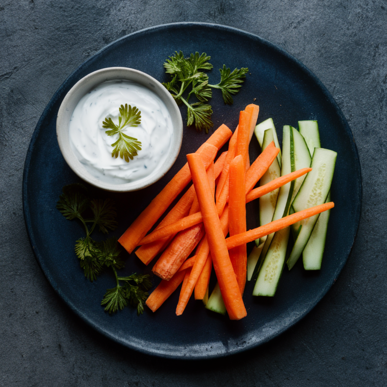 Palitos de Cenoura e Pepino com Molho de Iogurte Vegano – Lanche Leve para Perder Peso