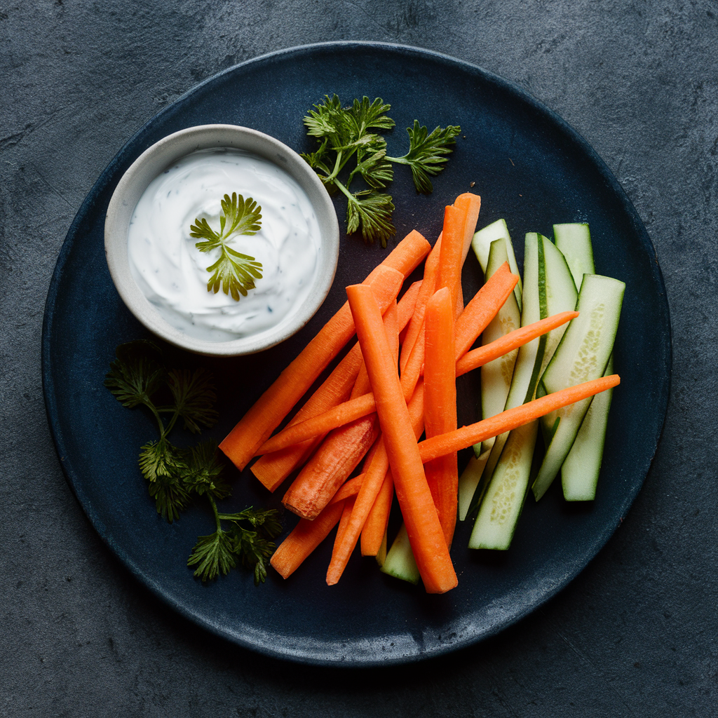 Palitos de Cenoura e Pepino com Molho de Iogurte Vegano