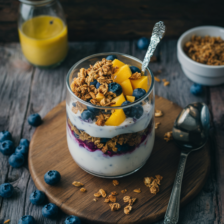 Parfait de Iogurte Vegano com Camadas de Frutas e Granola – Comece Seu Dia com um Arco-Íris de Sabores!