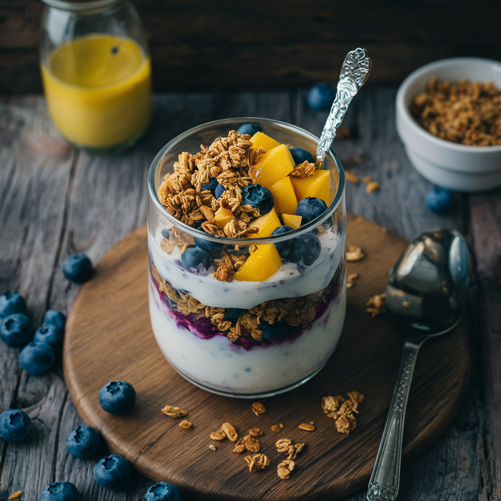 Parfait de Iogurte Vegano com Camadas de Frutas e Granola