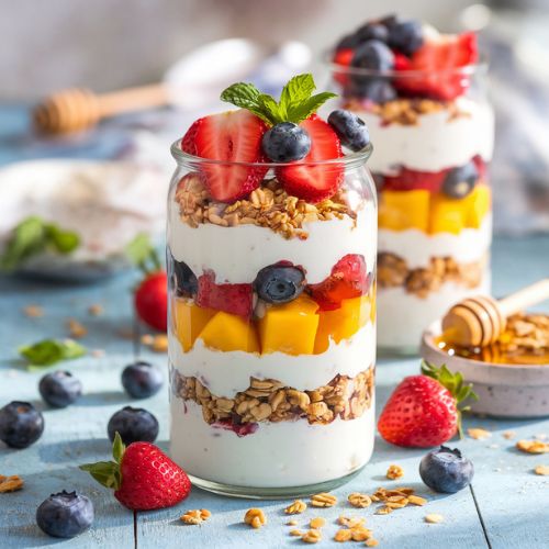 Parfait de Iogurte Vegano com Camadas de Frutas e Granola (Comece Seu Dia com um Arco-Íris de Sabores)