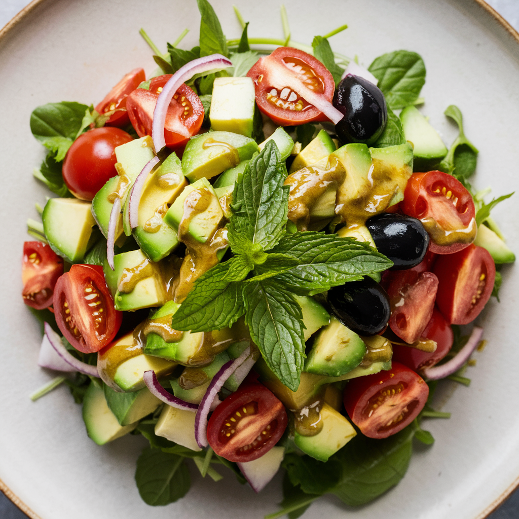 Salada de Abacate com Molho de Limão e Tahine sem Glúten