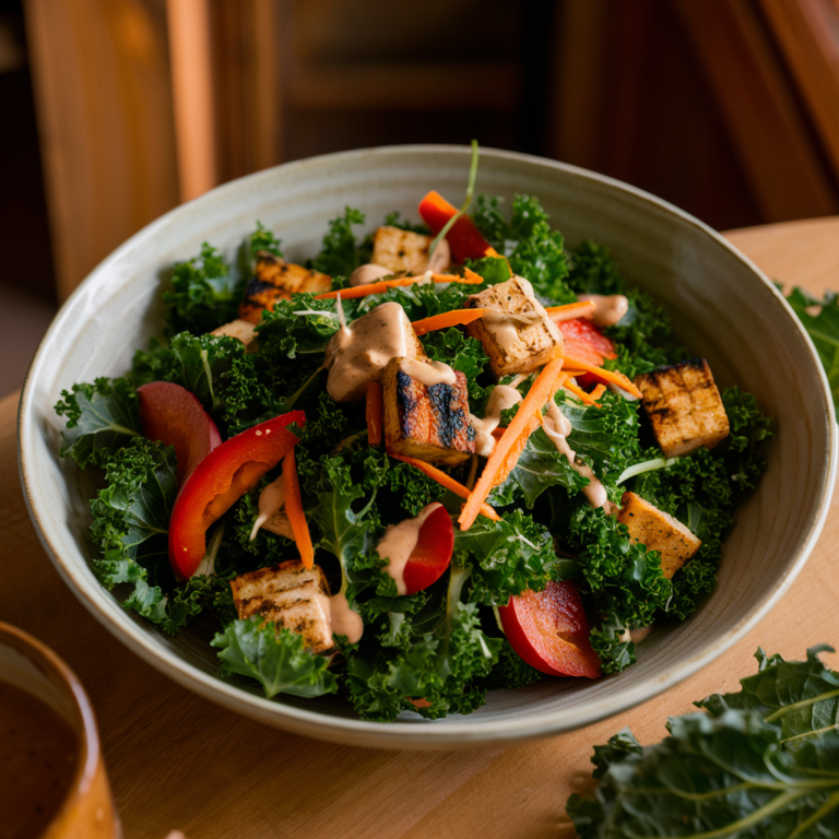 Salada de Couve com Tempeh Grelhado e Molho de Amendoim