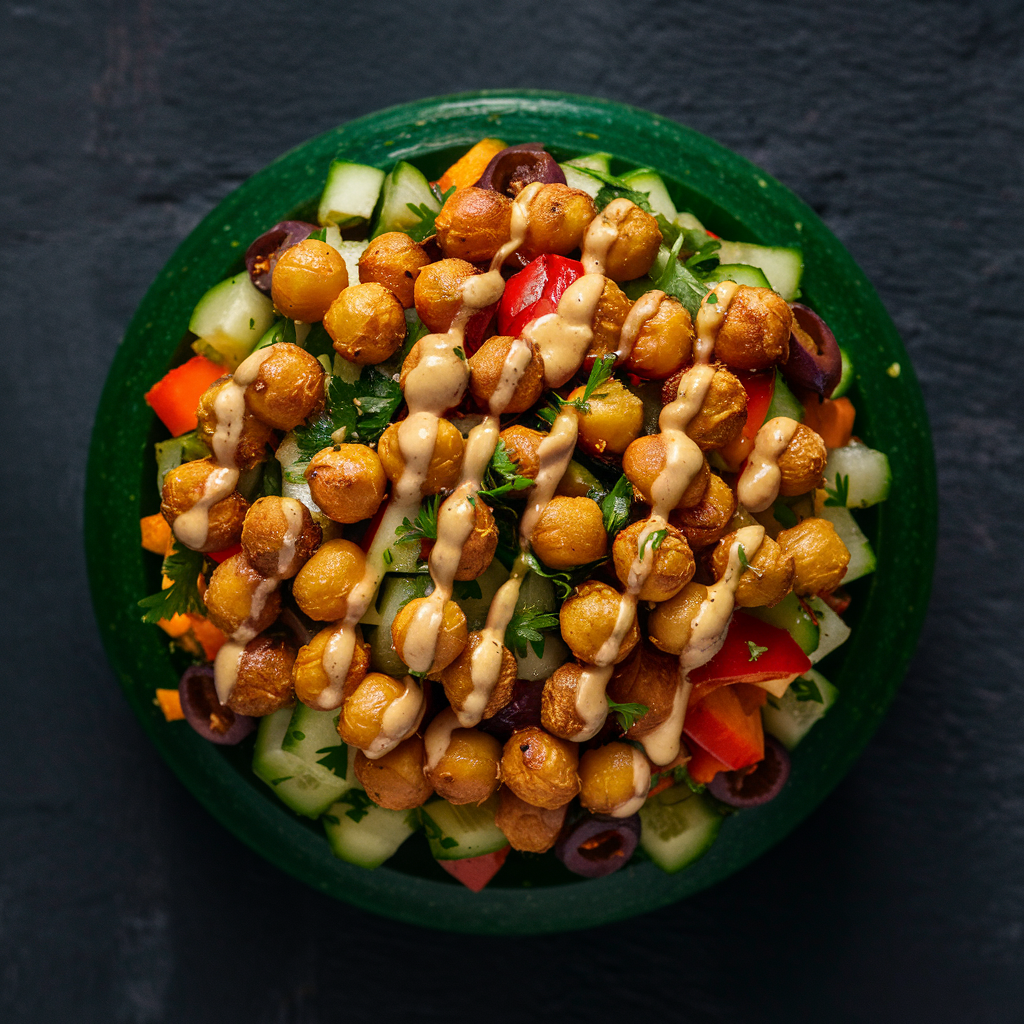 Salada de Grão-de-Bico Assado com Molho de Tahine