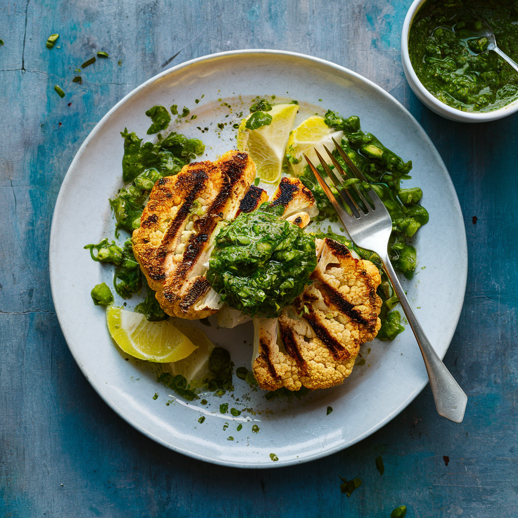 Steak de Couve-flor Grelhado com Molho Chimichurri Vegano