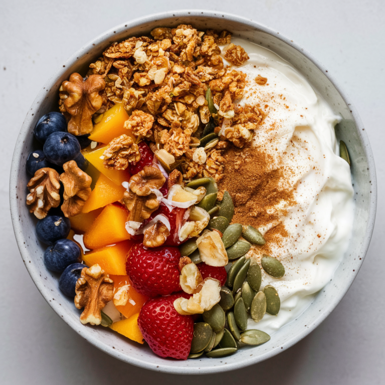 Tigela de Iogurte Vegano com Granola Caseira e Frutas – Café da Manhã Nutritivo e Refrescante!